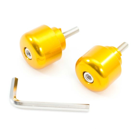 Gold alloy handlebar bar end weights with a smooth, rounded design and a silver screw, accompanied by a hex key for installation, suitable for Honda motorcycles.