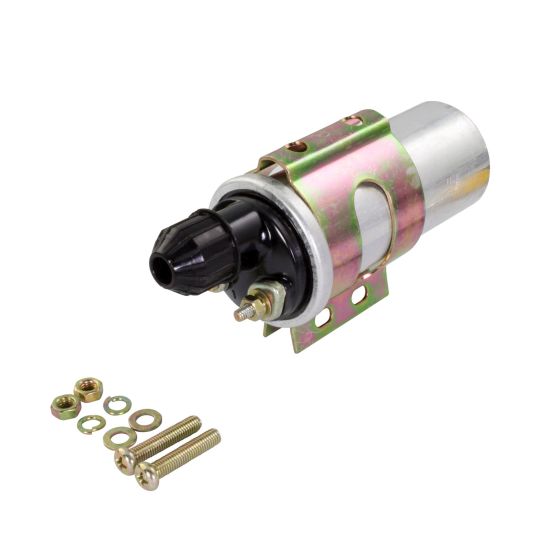 12 Volt ignition coil by Bike-It featuring a metallic silver body, black plastic top, and mounting bracket, accompanied by screws and washers for installation.