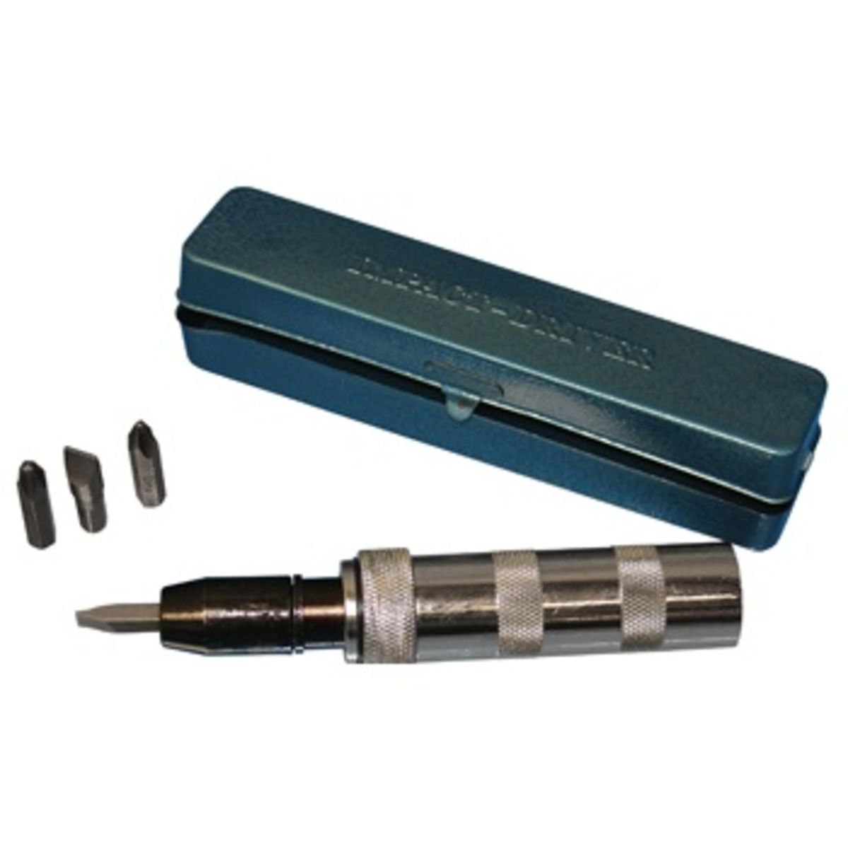 Bike It Impact Driver Set features a metallic driver with a textured grip, three interchangeable bits, and a blue metal case for storage.