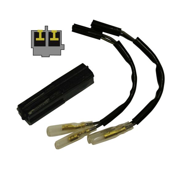 Black plastic indicator connector leads with two yellow-tipped connectors, designed for Honda and Kawasaki motorcycles, featuring a compact design for easy installation.