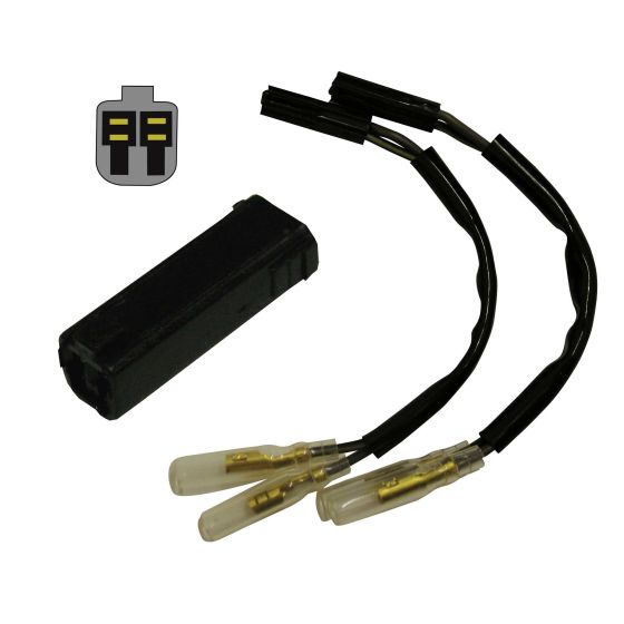 Black plastic connector leads with two yellow-tipped connectors, designed for Suzuki and Yamaha motorcycles, featuring durable wiring for reliable electrical connections.