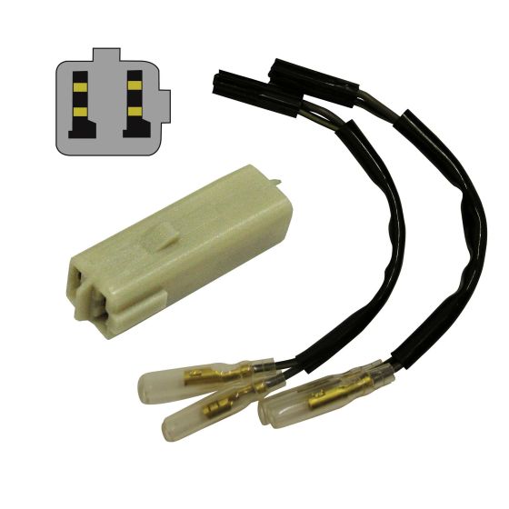 Connector leads in sand-colored plastic with two black wires ending in gold-tipped connectors, designed for Honda and Kawasaki motorcycles by Bike-It.