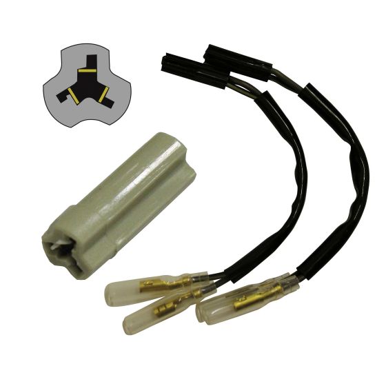 Connector leads in sand color for Suzuki and Yamaha bikes, featuring two black wires with transparent connectors and a plastic housing for secure attachment.
