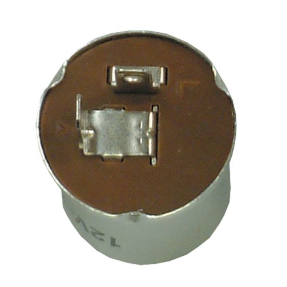 Round, metallic 12V indicator relay with two pins and a brown base, designed for 18/23 watt applications, featuring a smooth silver exterior.