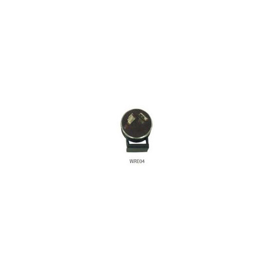 Black 2-pin indicator relay with a round, compact design, labeled "WRE04," suitable for 12V systems with 18/23W capacity, made from durable plastic material.