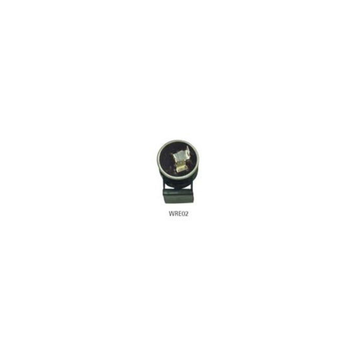 Black circular relay with a gold and silver internal connection, labeled "WRE02," designed for 12V 8/10Watt use, featuring a two-pin connector for easy installation.