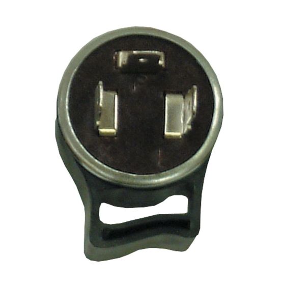 Round black plastic relay with a metallic base and three pins, designed for 6V 18/23Watt indicators, featuring a small, compact design suitable for motorcycles.