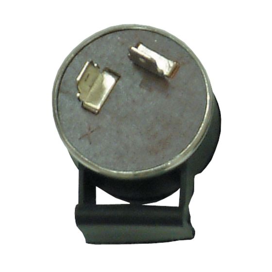 Round, metallic relay with two metal pins on top, encased in a black plastic housing, designed for 6V 8/10 Watt applications, featuring a compact size for easy installation.