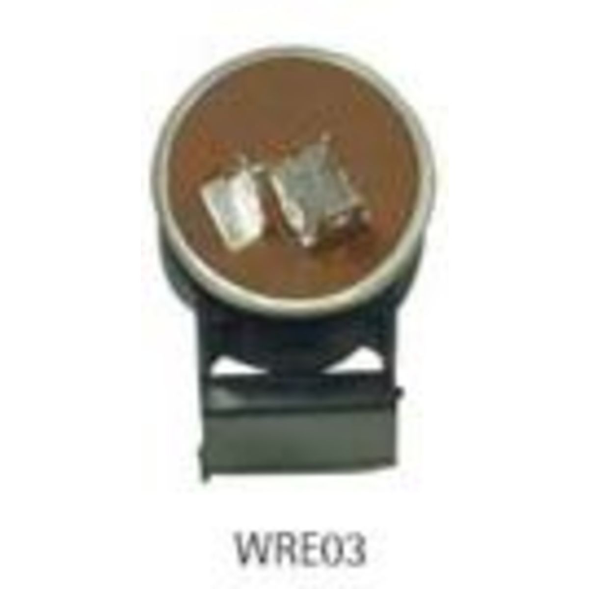 Round, metallic indicator relay with a copper-colored top and two silver pins, mounted on a black plastic base, labeled WRE03, designed for 6V 18/23Watt applications.