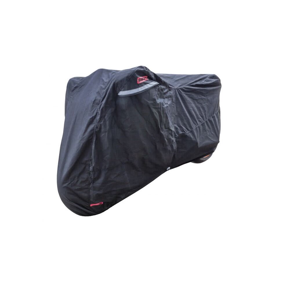 Large black indoor dust cover for bikes, made from durable material, featuring a snug fit and a logo tag, designed to protect bicycles from dust and dirt.
