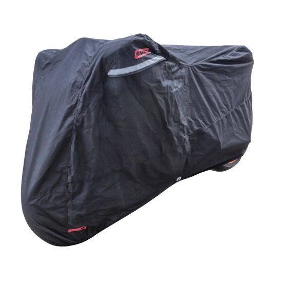 Black XL indoor dust cover for motorcycles, designed to fit 1200cc and over, made from durable material with a sleek design and a small reflective logo.