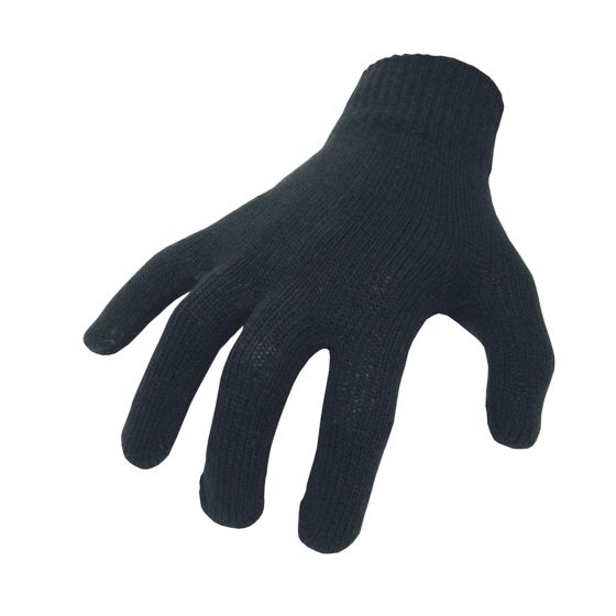 Black cotton inner glove with a ribbed cuff, designed for comfort and warmth, featuring a snug fit for use under biking gloves.