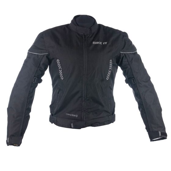 Black ladies motorcycle jacket by Bike-It, featuring a sleek design, reflective accents, adjustable straps, and made from durable material for enhanced safety and comfort.