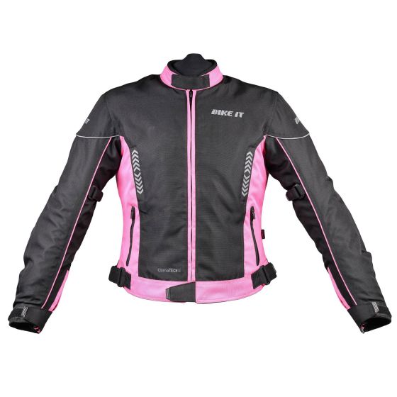 Ladies motorcycle jacket in black and pink, featuring a mesh material, reflective accents, and adjustable waist straps for a tailored fit.