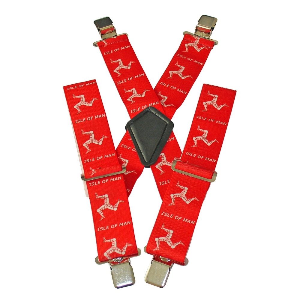 Red heavyweight braces featuring a repeating Isle of Man design, made from durable textiles and leather, with silver clips and a central black leather patch.