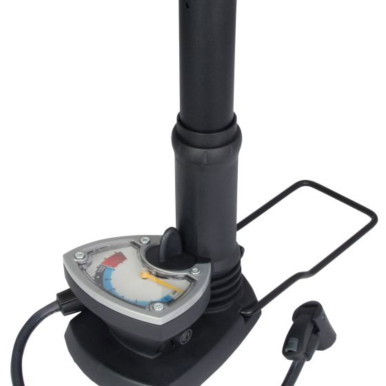 Black plastic foot pump with a large barrel, a pressure gauge featuring red and blue indicators, and a sturdy base for stability.