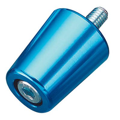 Blue alloy bar end weight with a flush design and a threaded screw hole, specifically designed for Kawasaki motorcycles.