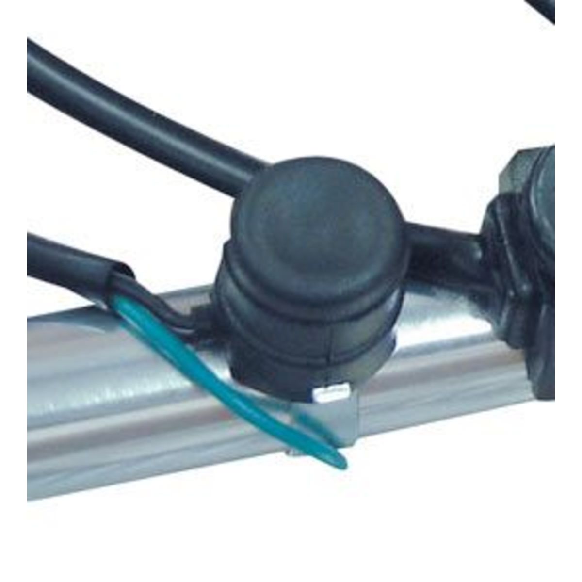Black rubber kill switch with a round top, attached to a silver metal handlebar, featuring blue and black wires with bullet connectors for easy installation.
