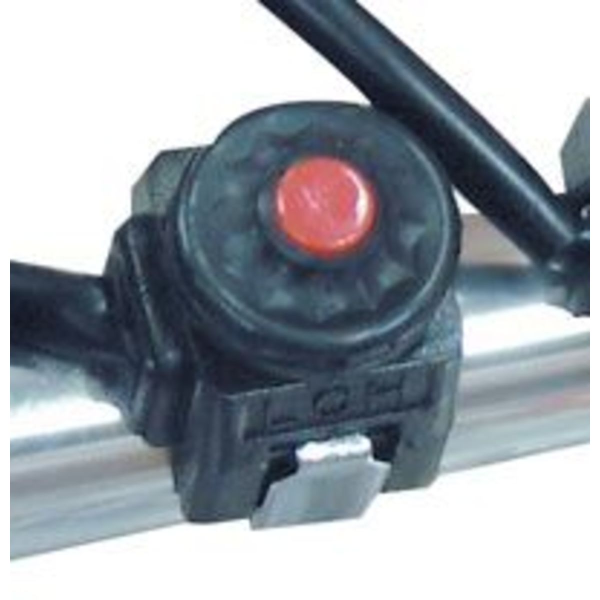 Black plastic kill switch with a textured red button, designed for Kawasaki KX, featuring bullet and ring connectors for easy installation on motorcycle handlebars.