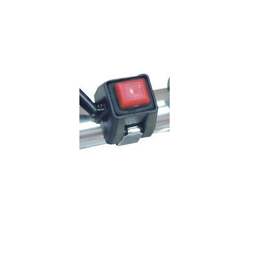 Red kill switch with a square button, mounted on a silver handlebar, featuring black plastic housing and connecting wires for Suzuki RM motorcycles.