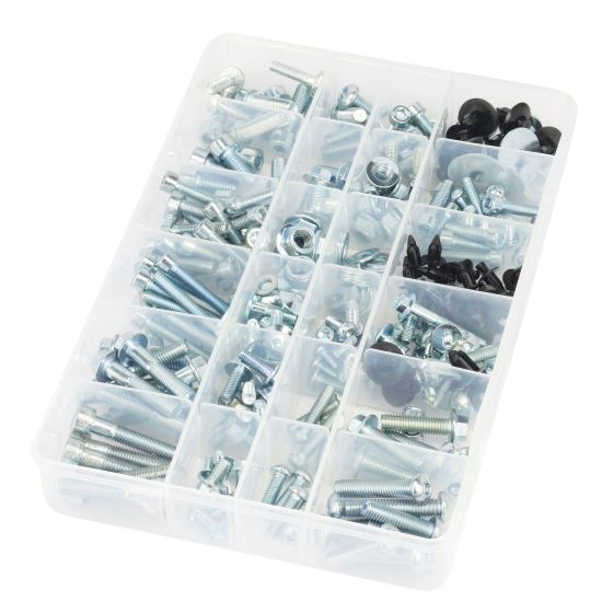 A clear plastic storage box containing 158 assorted metal bolts, screws, nuts, and washers in various sizes, with silver and black components organized in separate compartments.