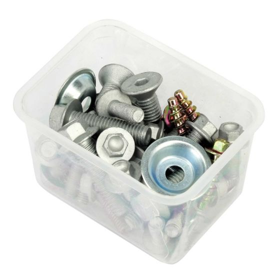 Clear plastic container filled with assorted metallic bolts, screws, and washers in various sizes, featuring silver and gold finishes, labeled as "BikeTek Euro KTM Hardware & Bolt Kit - 50 Pieces."