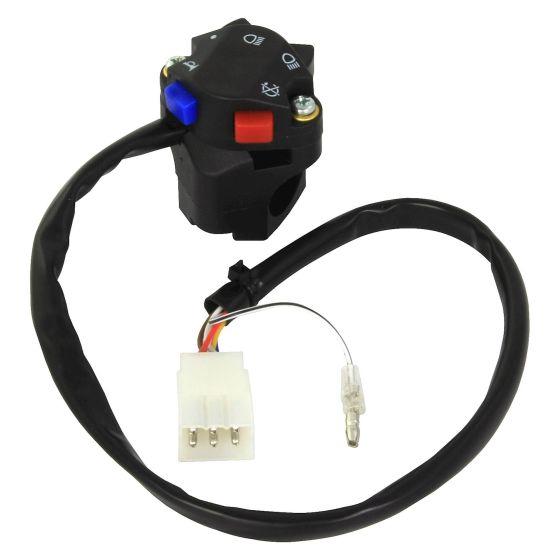 KTM upper switch assembly in black plastic with a circular control for headlight, kill switch, and horn, featuring red and blue buttons and a multi-wire connector.