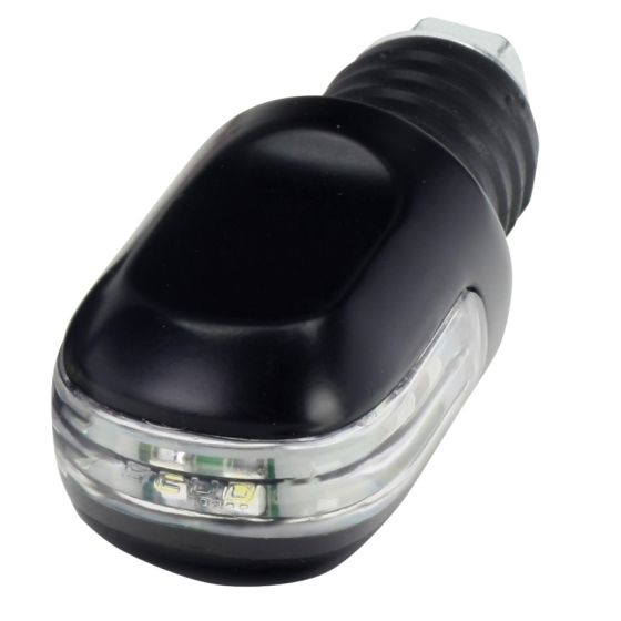 CNC machined black motorcycle scooter LED bar end marker light with a sleek design and clear lens showcasing bright LED lights.