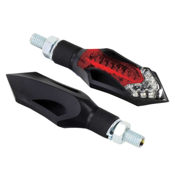 Black LED blade indicators with a sleek design, featuring red lenses and chrome accents, designed for easy installation on bikes for enhanced visibility.