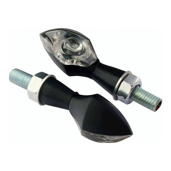 Black motorcycle indicators with a sleek, teardrop shape, featuring clear lenses and metallic mounting bolts, designed for enhanced visibility and style.