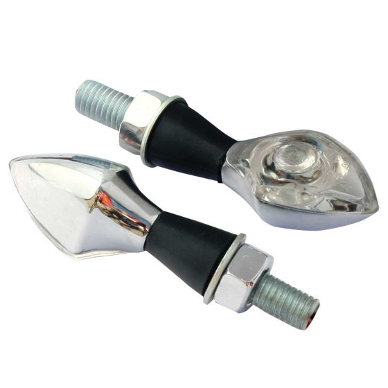 Chrome body LED indicators with a clear lens, featuring a sleek, teardrop shape and black rubber base, designed for easy mounting on a bicycle.