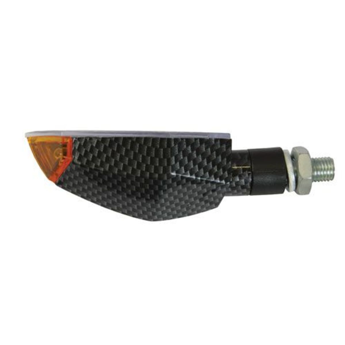 Custom LED claw indicator with a carbon effect finish, featuring an orange lens and a sleek, angular design, suitable for streetfighter motorcycles.