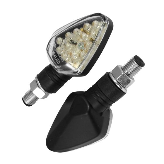 Short stem motorcycle indicators with a black body, clear lens, and multiple LED lights, designed for enhanced visibility and style.