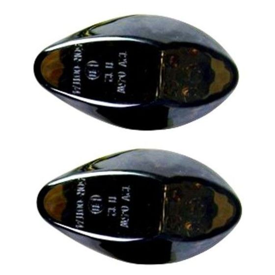Pair of smoked lens LED fairing insert indicators designed for Suzuki motorcycles, featuring a sleek, oval shape and durable plastic construction.