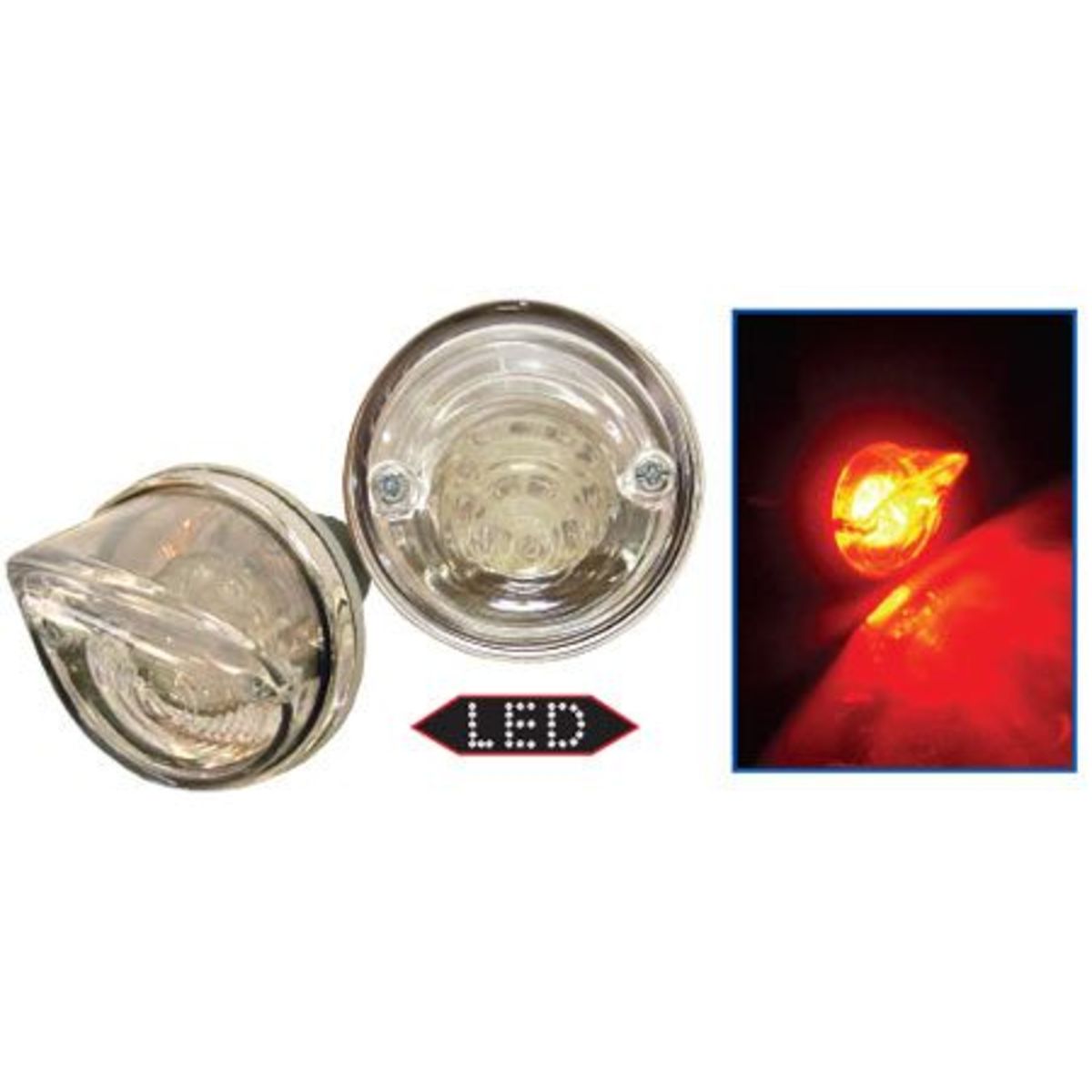 Red LED rear light with a clear lens, featuring a rounded design and visible light source, mounted on a bike, highlighting its compact and durable construction.
