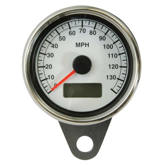 Chrome speedometer with a 61 mm face diameter, featuring a white dial with black markings, a red needle, and a digital display at the bottom, measuring speeds up to 140 MPH.
