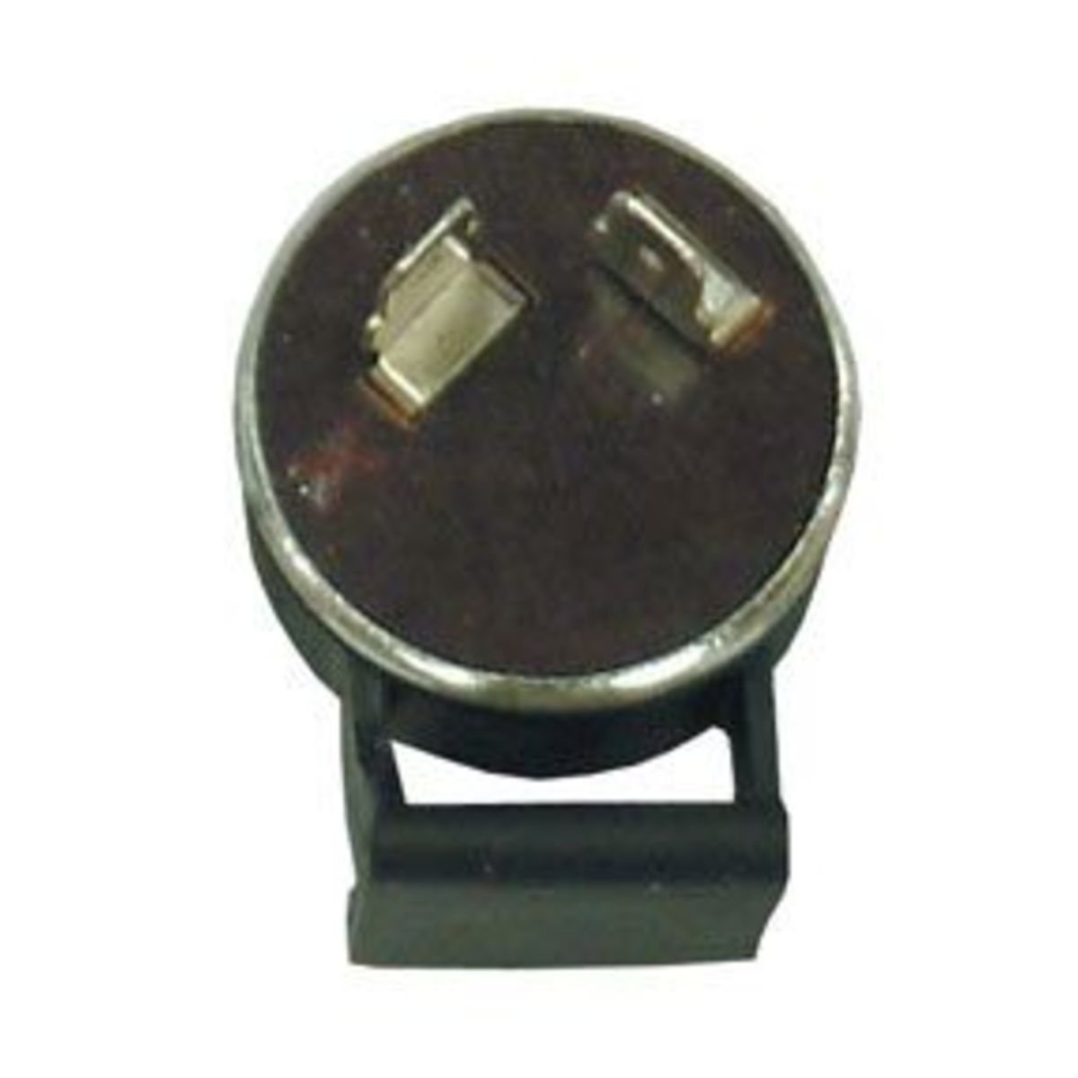 Round, metallic LED indicator relay with two metal pins and a black plastic base, designed for use with Flight LED indicators by Bike-It.