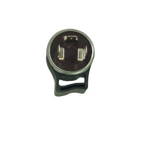 Black 3-pin LED winker relay with a circular design, featuring two metal prongs and a sturdy plastic housing, suitable for 1W-10W, operating at 12-14V.