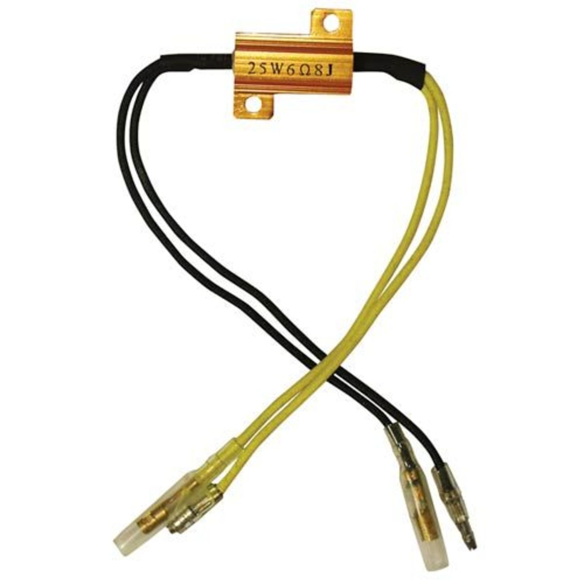 Bike It LED Winker Resistor featuring a gold aluminum body with black and yellow wires, designed for 25W and 6Ohm specifications, ideal for motorcycle LED indicators.
