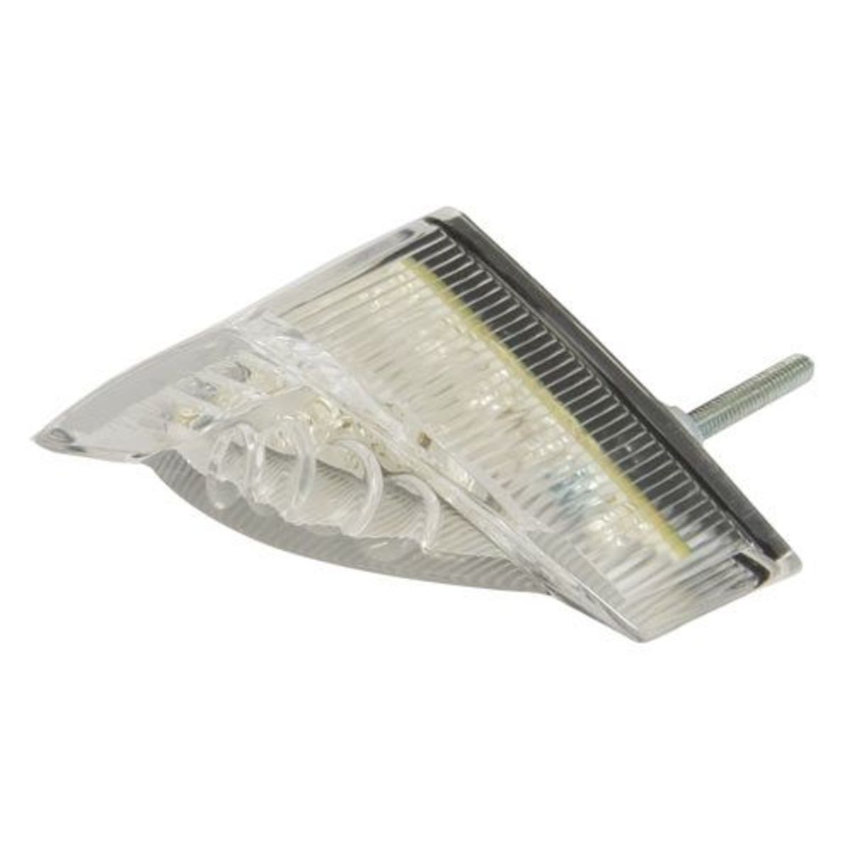 Mini wedge rear LED light featuring a clear lens, a sleek triangular design, and a metal mounting screw, ideal for enhancing visibility on bicycles.