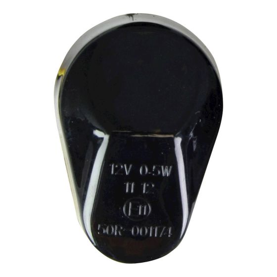 Smoked lens LED fairing insert indicator for Kawasaki motorcycles, featuring a sleek, rounded design with a black finish and engraved specifications on the back.