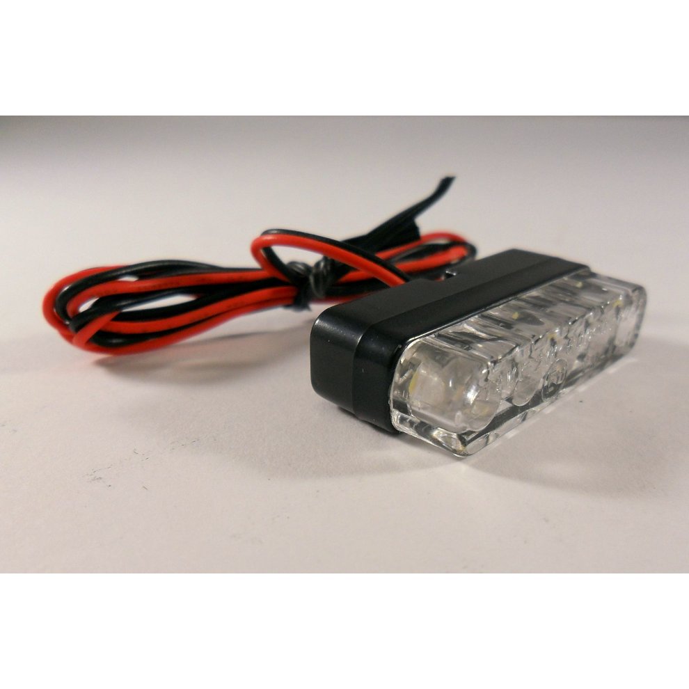 Micro LED number plate light in clear plastic with a black bracket, featuring two red and black wires for connection, designed for easy installation on bikes.
