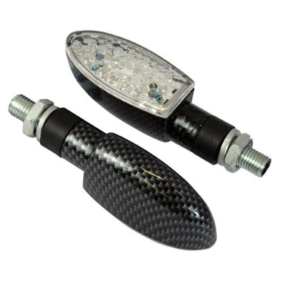 LED ORB indicators featuring a carbon effect body, clear lens, and metallic mounting hardware, designed for enhanced visibility and modern aesthetics on bikes.