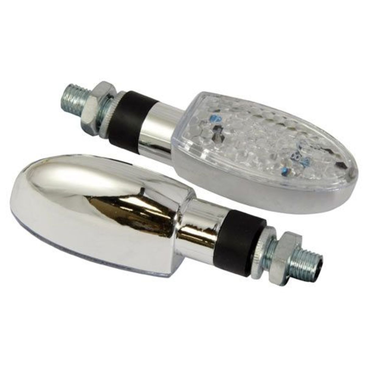 LED ORB indicators featuring a chrome effect body and clear lens, with a sleek, rounded design and threaded mounting for easy installation on bikes.