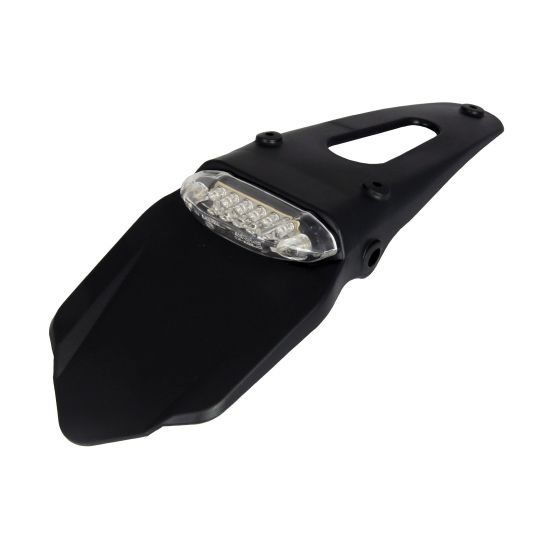Black plastic rear spoiler light featuring a clear lens with multiple LED lights, designed for enhanced visibility on bicycles.