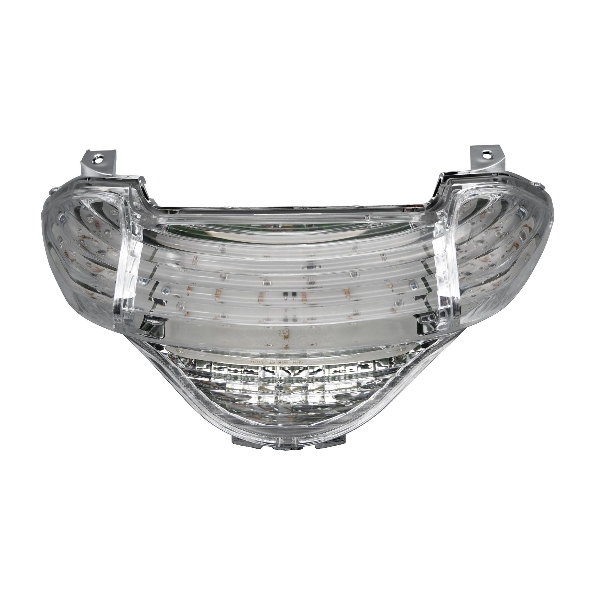 LED rear tail light with a clear lens, featuring integral indicators, designed for Honda VFR800 FI models from 1997 to 2001, showcasing a sleek, transparent plastic design.