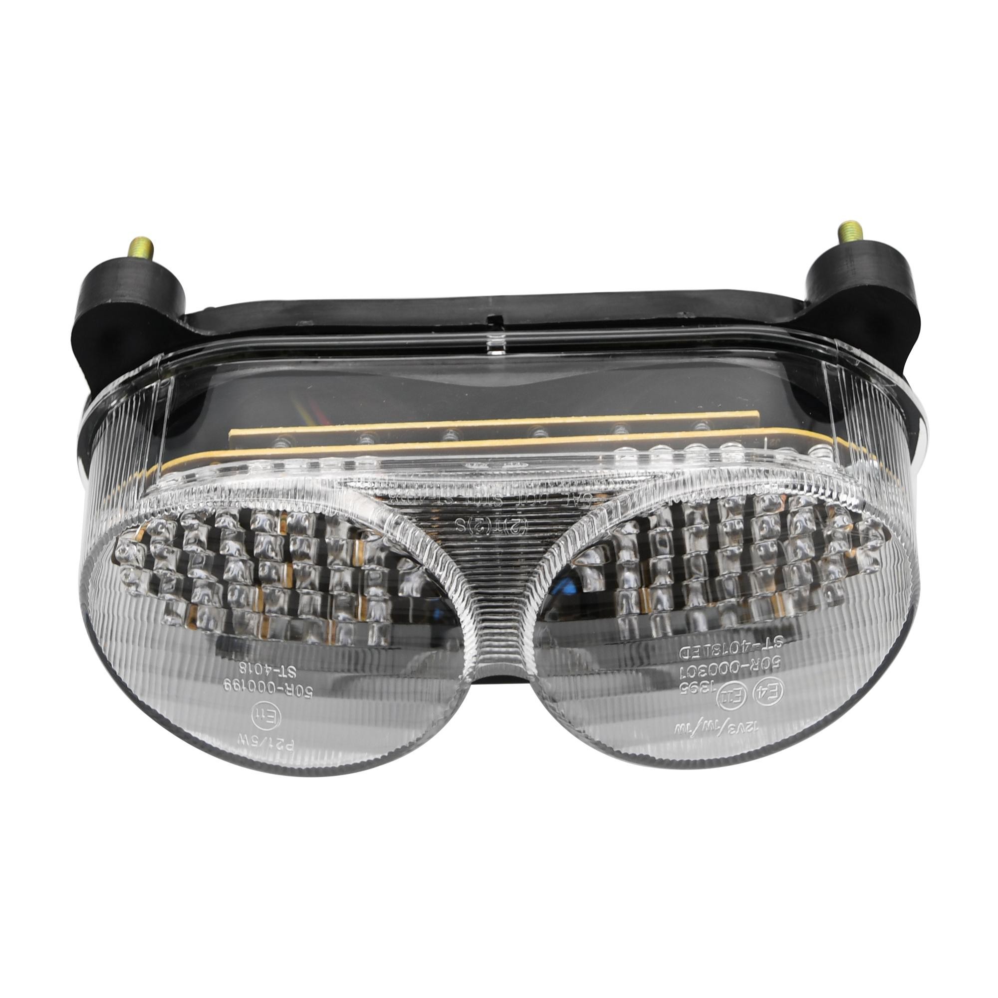 LED rear tail light with clear lens and integral indicators, featuring a black plastic housing and multiple bright LED bulbs, designed for Kawasaki ZX-6R Ninja 2002-03 models.
