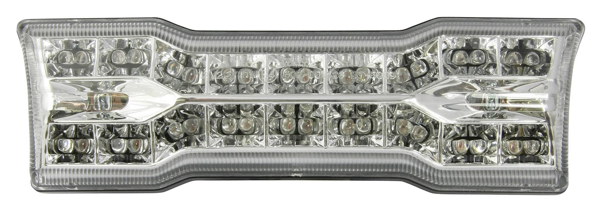 LED rear tail light featuring a clear lens and integral indicators, designed for Yamaha MT-01 (2005-09), with a sleek, rectangular shape and multiple bright LED bulbs.