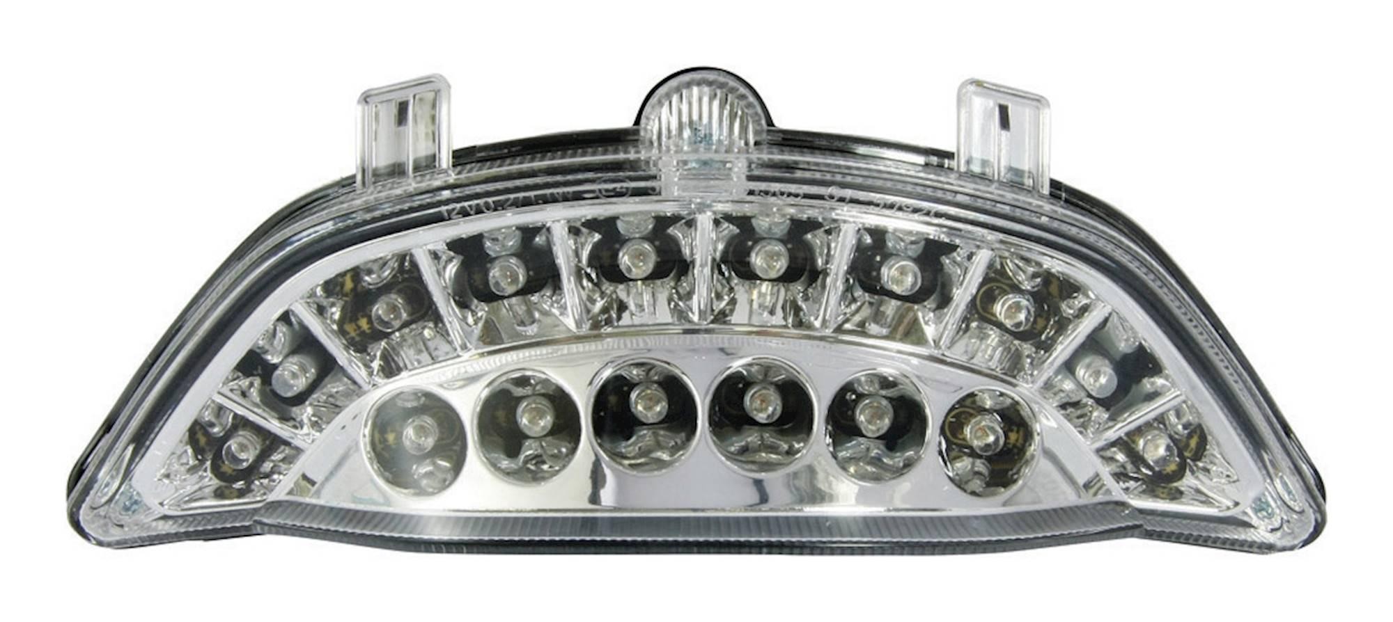 LED rear tail light with a clear lens featuring multiple integrated indicators, designed for Yamaha V-Max 1700 models from 2009 to 2012, showcasing a sleek, modern design.