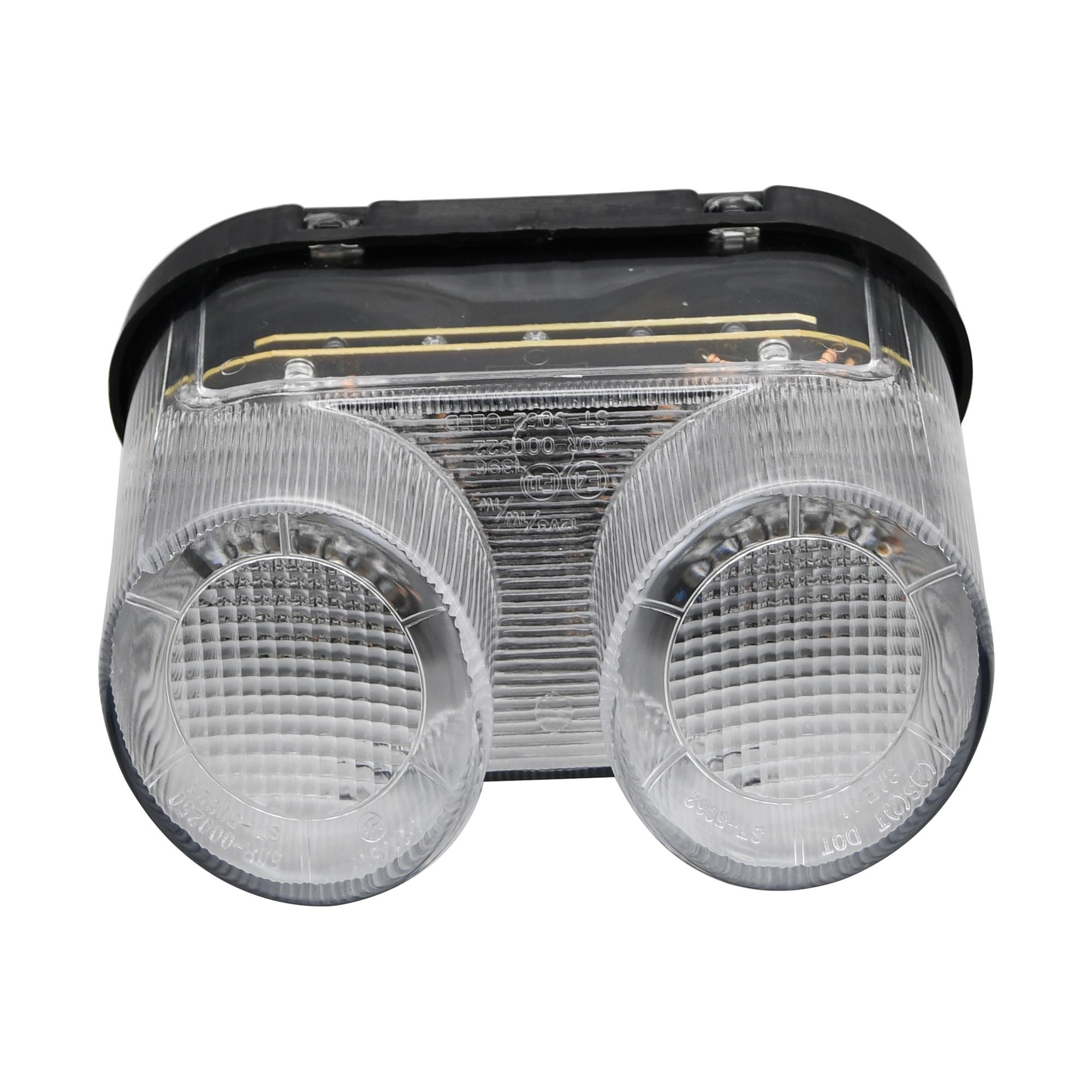 LED rear tail light with clear lens, featuring integral indicators, designed for Yamaha YZF-R1 models from 2000-01, showcasing a sleek plastic construction and dual circular lights.